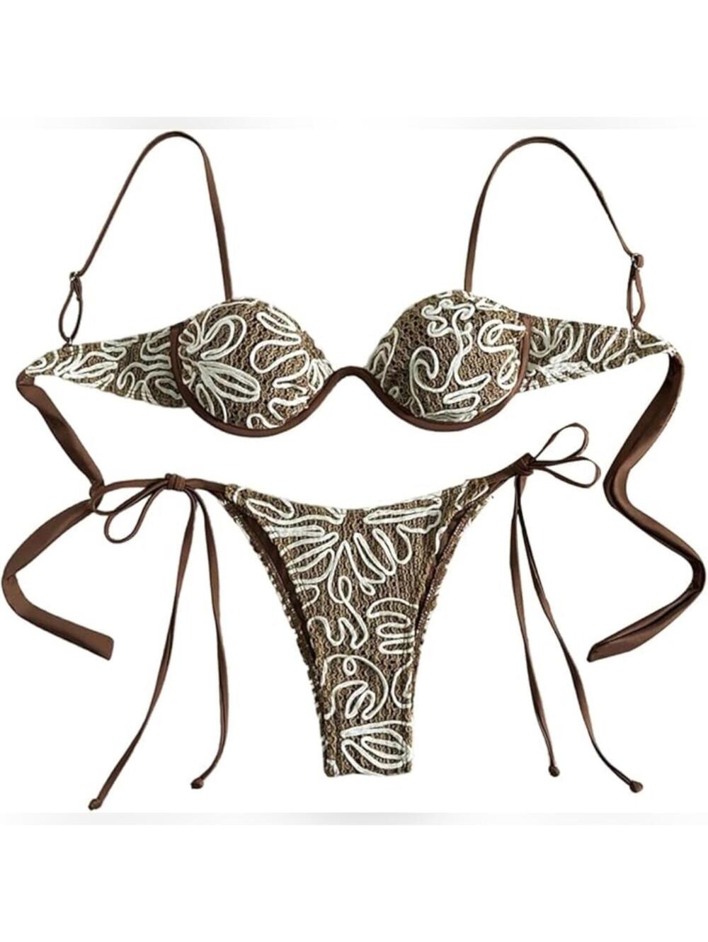 NWT SHENHE 2 Piece Underwire Crochet Knit Side Tie Thong Bikini Swimsuit Set, M